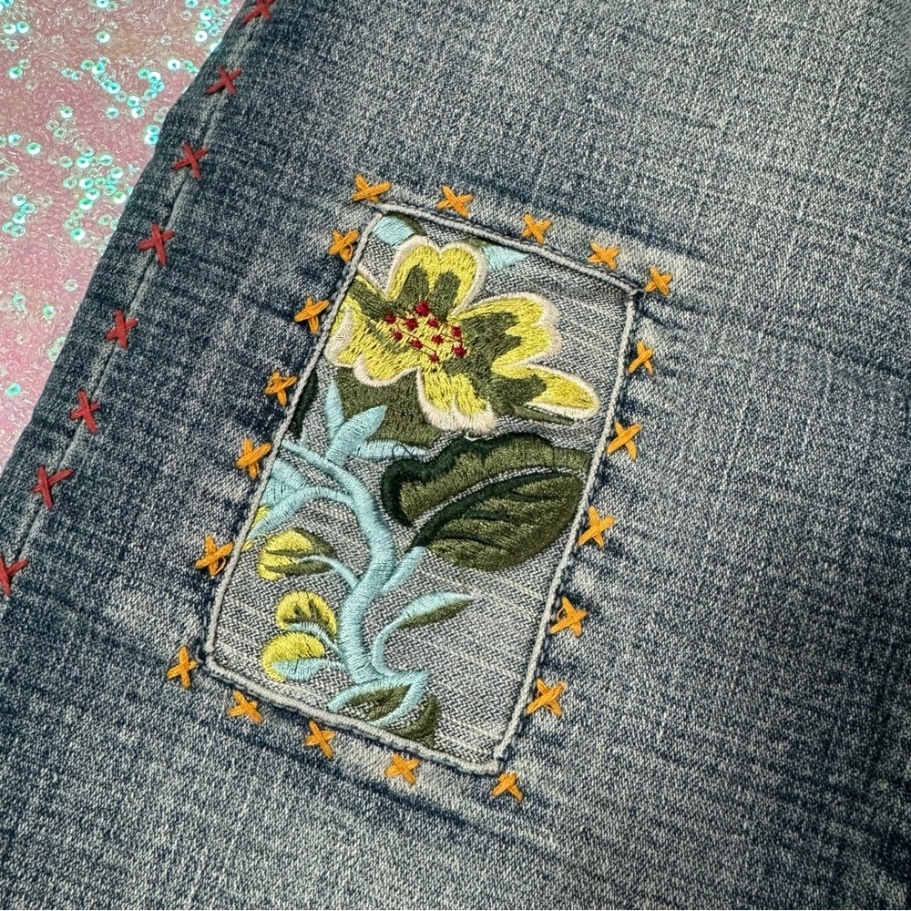 Blue Floral Embroidered Patchwork Bootcut Jeans - image 8